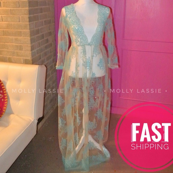 MESH COVERUP LACE AQUA BLUE FLORAL MAXI DRESS - Picture 3 of 3